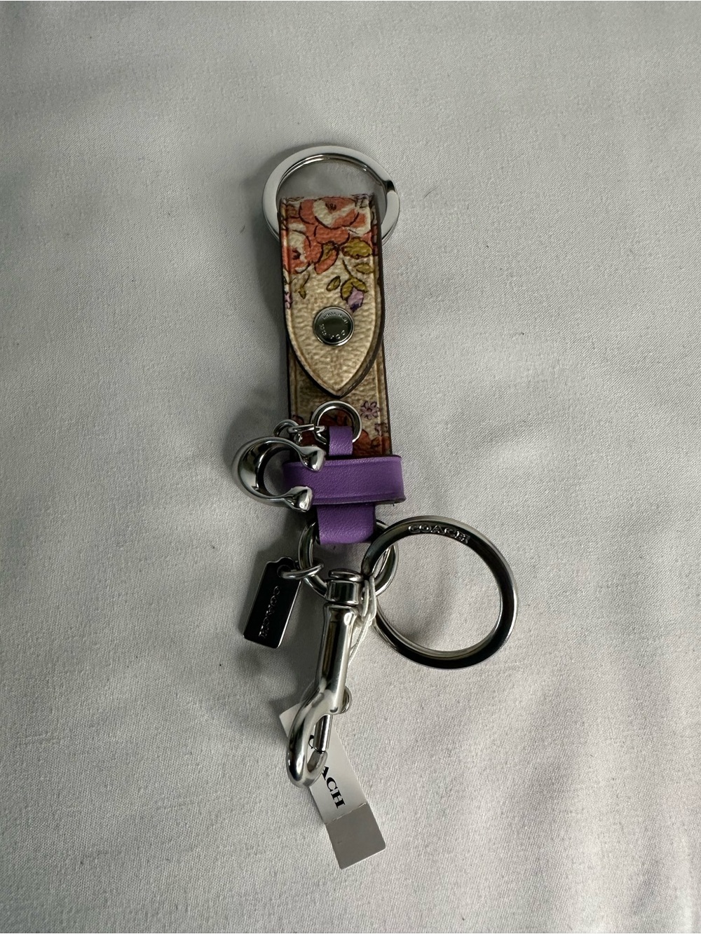 Coach Floral Leather Key Ring with Purple Trim - Picture 2 of 3